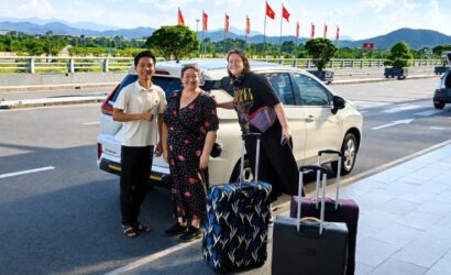 Scenic travel route between Hue and Hoi An showing key stops including Hai Van Pass mountain views, Lap An Lagoon, Lang Co Beach, Marble Mountains near Da Nang, and the historic town of Hoi An.